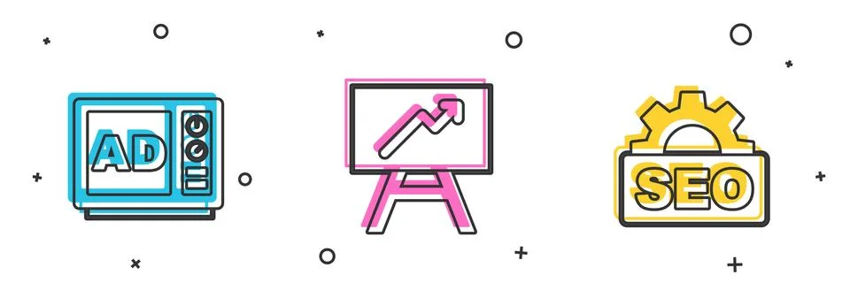 Set Advertising, Board with graph chart and SEO optimization icon. Vector イラスト素材