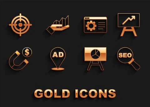 Set Advertising, Board with graph chart, SEO optimization, Magnet money, Browser Illustrazione stock
