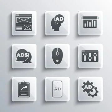 Set Advertising, Browser setting, Computer mouse, Clipboard with graph chart Illustrazione stock