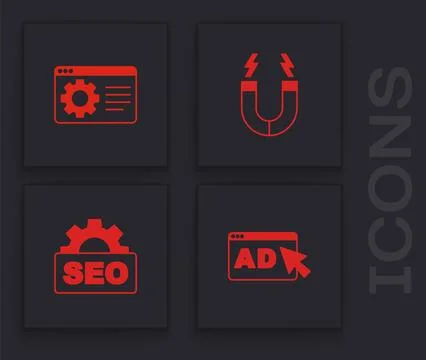 Set Advertising, Browser setting, Magnet and SEO optimization icon. Vector Stockillustratie