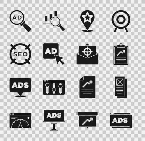 Set Advertising, Browser window, Clipboard with graph chart, Map pointer star Stock Illustration