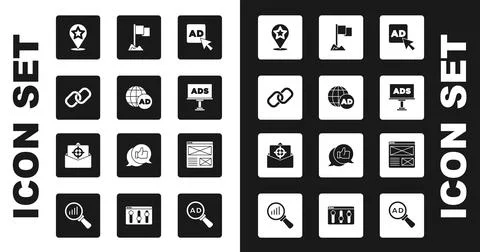Set Advertising, Chain link, Map pointer with star, Location marker, Browser  Stock Illustration