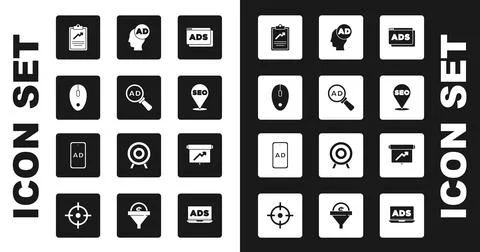 Set Advertising, Computer mouse, Clipboard with graph chart, SEO optimization Stock Illustration