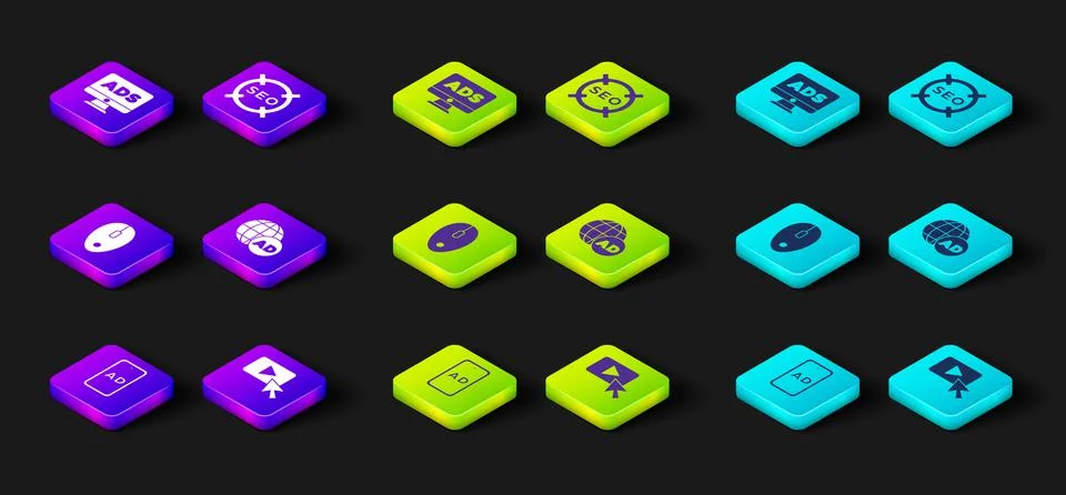 Set Advertising, Computer mouse, SEO optimization and icon. Vector Illustrazione stock