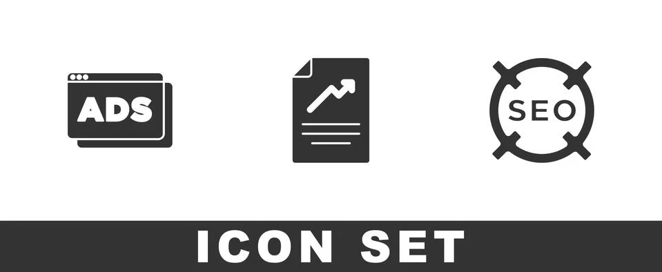 Set Advertising, Document with graph chart and SEO optimization icon. Vector Illustrazione stock