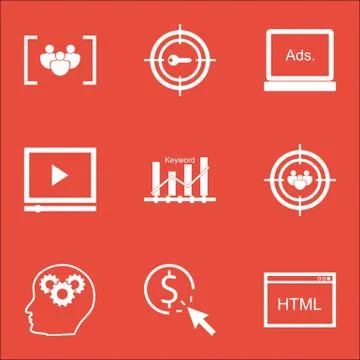 Set Of Advertising Icons On Brain Process, Video Player And Focus Group Topic Illustrazione stock