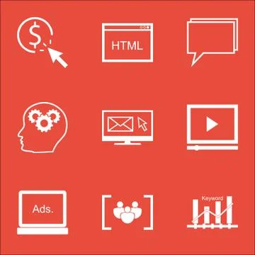 Set Of Advertising Icons On Coding, Questionnaire And Video Player Topics. Ed Illustrazione stock