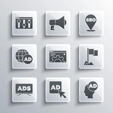 Set Advertising, Location marker, Browser setting, and SEO optimization icon Stock Illustration