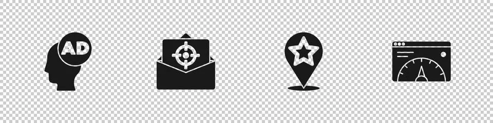 Set Advertising, Mail and e-mail, Map pointer with star and Website statistic Stock Illustration