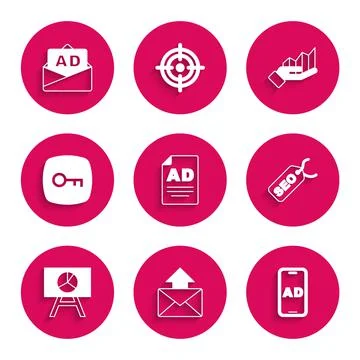 Set Advertising, Mail and e-mail, SEO optimization, Board with graph chart, Key Stock Illustration