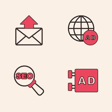 Set Advertising, Mail and e-mail,  and SEO optimization icon. Vector 스톡 일러스트