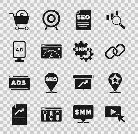 Set Advertising, Map pointer with star, Chain link, SEO optimization, Website Stock Illustration