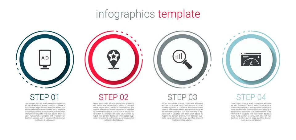 Set Advertising, Map pointer with star, Magnifying glass and analysis and Stock Illustration