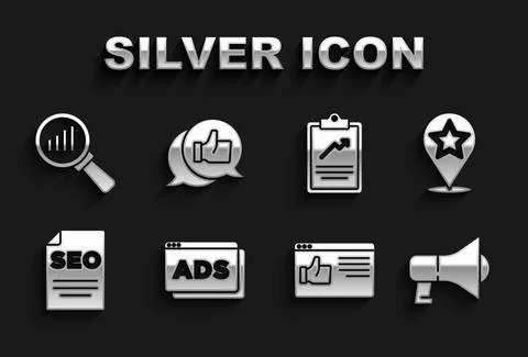 Set Advertising, Map pointer with star, Megaphone, Browser window, SEO Illustrazione stock