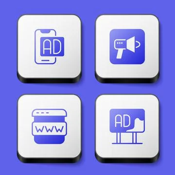 Set Advertising, Megaphone, Browser window and icon. White square button. Vector Stockillustratie