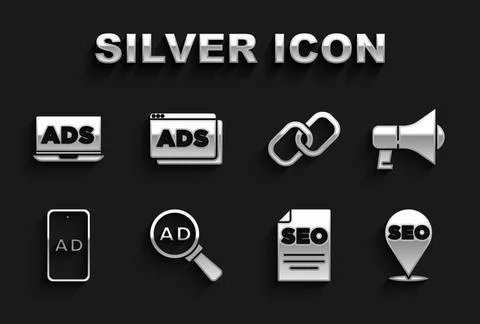 Set Advertising, Megaphone, SEO optimization, Chain link, and icon. Vector Illustrazione stock