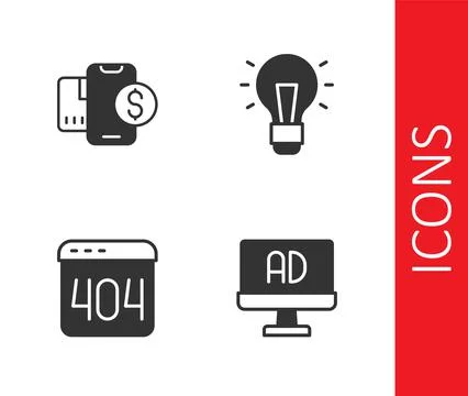 Set Advertising, Mobile with dollar, Page 404 error and Light bulb icon. Vect Stock Illustration