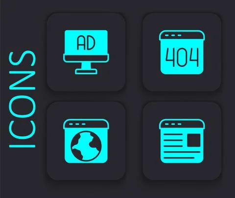 Set Advertising, Page with a 404 error and Worldwide icon. Black square button Stock Illustration