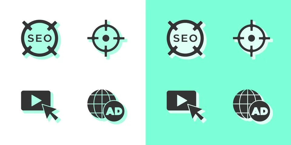 Set Advertising, SEO optimization, and Target sport icon. Vector Stock Illustration