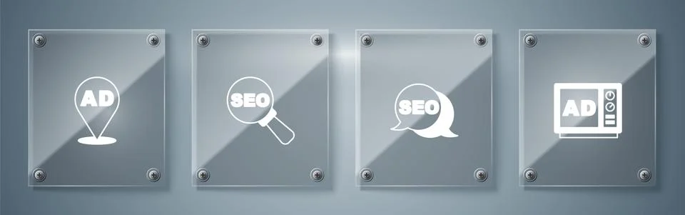 Set Advertising, SEO optimization, and . Square glass panels. Vector Illustrazione stock