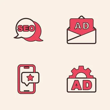 Set Advertising, SEO optimization, and Mobile with review rating icon. Vector Illustrazione stock