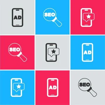 Set Advertising, SEO optimization and Mobile with review rating icon. Vector Stockillustratie
