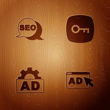 Set Advertising, SEO optimization, and Key on wooden background. Vector Illustrazione stock