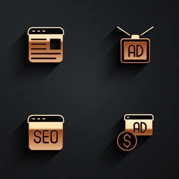 Set Advertising, SEO optimization and icon with long shadow. Vector Stock Illustration
