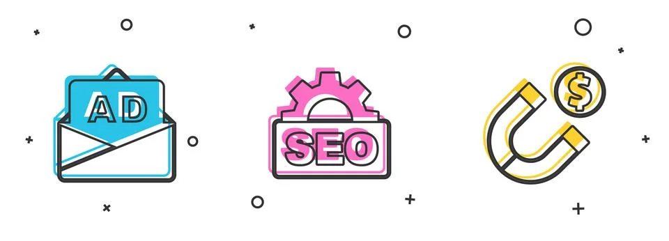 Set Advertising, SEO optimization and Magnet with money icon. Vector Stock Illustration