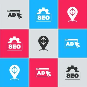 Set Advertising, SEO optimization and Target icon. Vector Stock Illustration