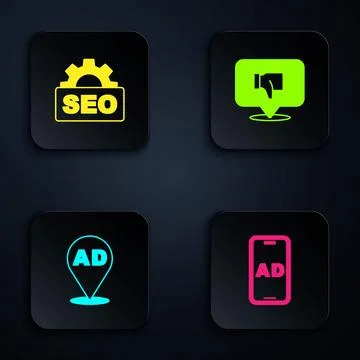 Set Advertising, SEO optimization,  and Dislike speech bubble. Black square.. Stock Illustration