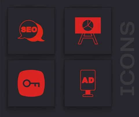 Set Advertising, SEO optimization, Board with graph chart and Key icon. Vector Stock Illustration