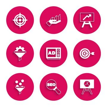 Set Advertising, SEO optimization, Board with graph chart, Target, Lead Illustrazione stock