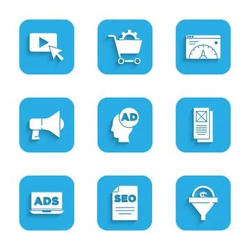 Set Advertising, SEO optimization, Lead management, Browser window, Megaphone Illustrazione stock