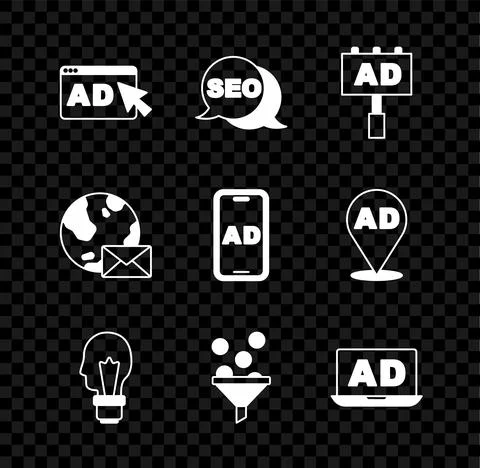 Set Advertising, SEO optimization, Light bulb with concept of idea, Lead Stock Illustration