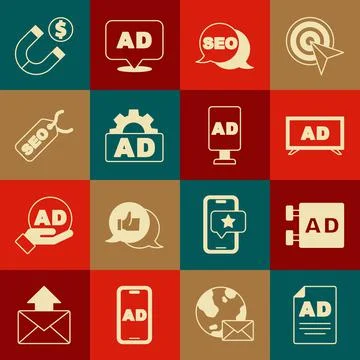Set Advertising, SEO optimization, Magnet with money and icon. Vector Stockillustratie