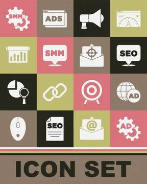Set Advertising, SEO optimization, Megaphone, Social media marketing, Board with Stockillustratie