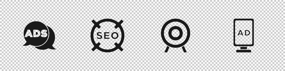 Set Advertising, SEO optimization, Target sport and icon. Vector Illustrazione stock
