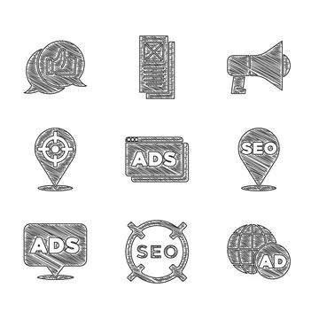 Set Advertising, SEO optimization, Target sport, Megaphone and Customer product Stockillustratie