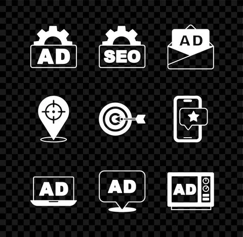 Set Advertising, SEO optimization, Target and icon. Vector Illustrazione stock