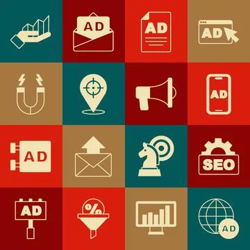 Set Advertising, SEO optimization, Target, Magnet, Pie chart infographic and Stock Illustration