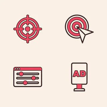 Set Advertising, Target, and Browser setting icon. Vector Stock Illustration