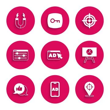 Set Advertising, Target, Board with graph chart, Customer product rating Stock Illustration