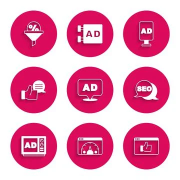 Set Advertising, Website statistic, Customer product rating, SEO optimization Stock Illustration