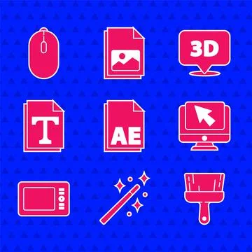Set AE file document, Magic wand, Paint brush, Computer monitor cursor, Graphic Stock Illustration