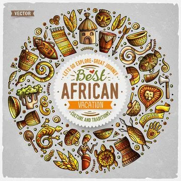 Set of Africa cartoon doodle objects round frame イラスト素材