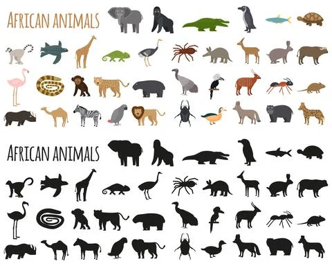 Set of African animals in flat style and silhouettes. Vector illustration of  Stock Illustration