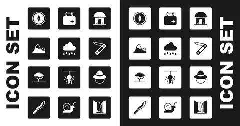 Set African hut, Cloud with rain, Mountains, Compass, Swiss army knife, First Stock Illustration