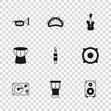 Set African percussion drum, Stereo speaker, Audio jack, Electric bass guit.. Stock Illustration