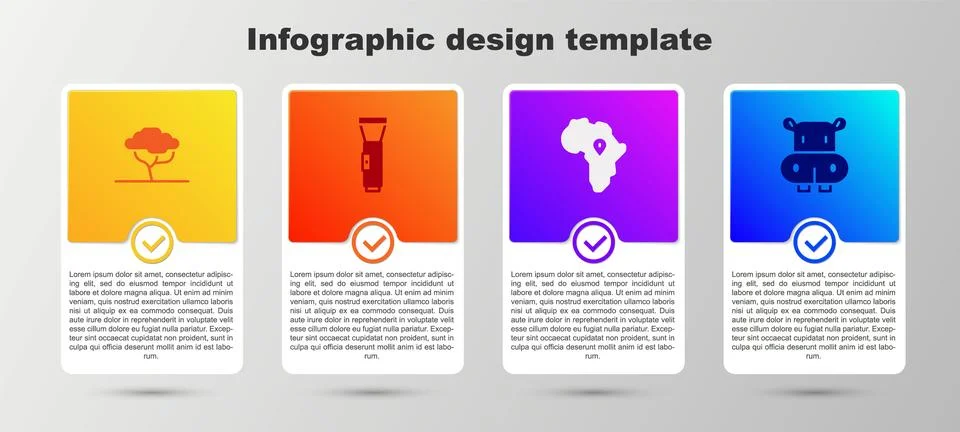 Set African tree, Flashlight, Map of and Hippo or Hippopotamus. Business in.. Stock Illustration